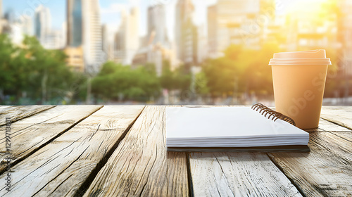 Blank Notebook and Coffee Cup on Rustic Wooden Table with City Background
