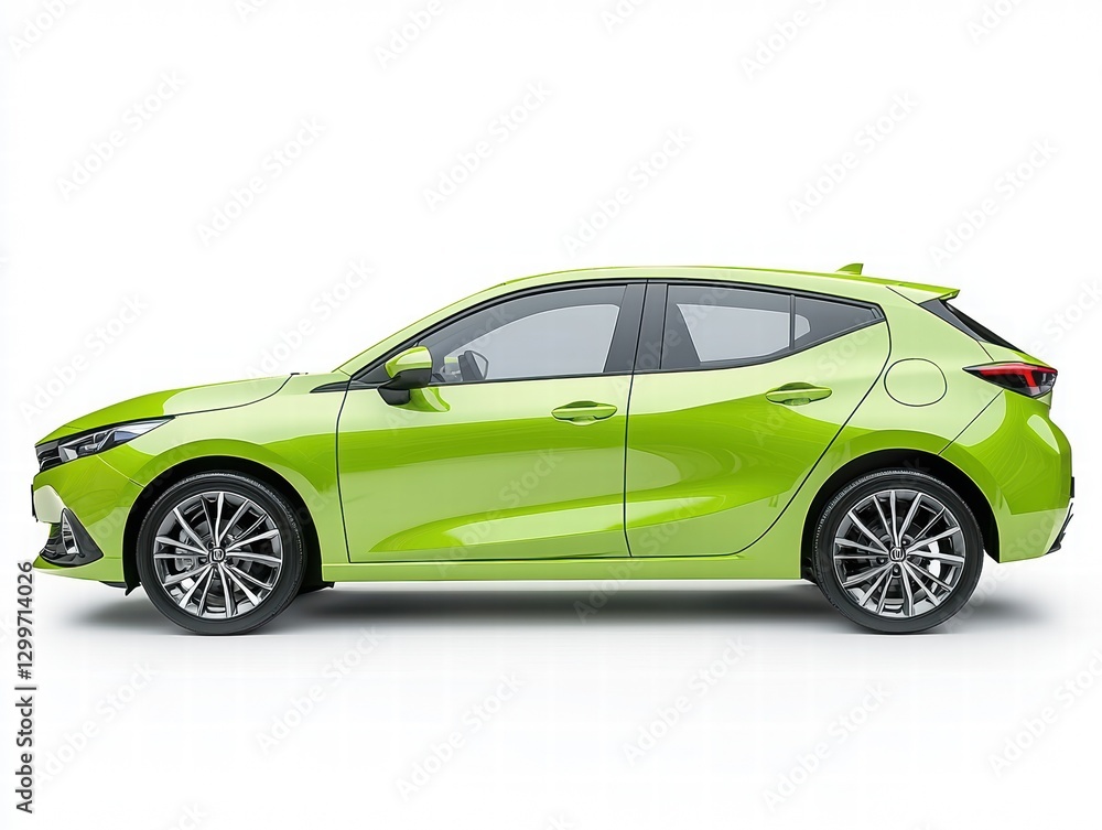 Naklejka premium Sleek Green Hatchback Car Against Clean White Background