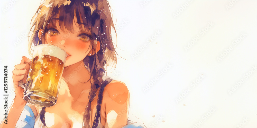 ほろ酔いで美味しそうにビールを飲む女性。水彩画。イラスト。バナー素材。挿絵。イラスト素材。