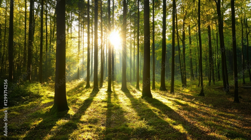 Obraz premium Forest Sunlight Filtering Overview with Filtering with Trees