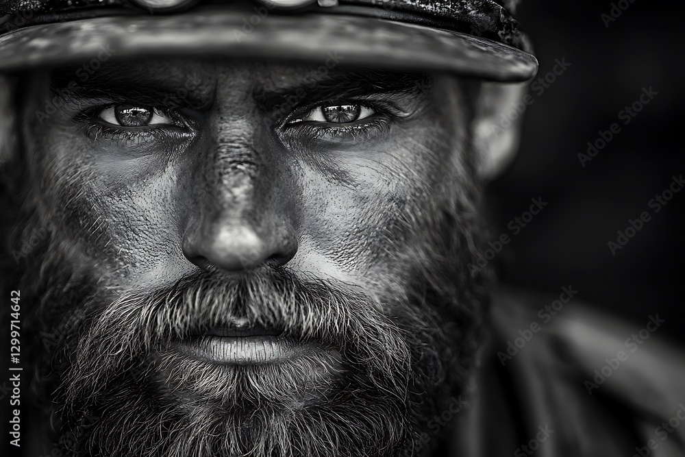 A close up portrait of a bearded man staring intently A close up portrait of a bearded man staring intently