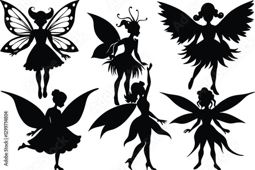 A black and white of a cute fairy silhouette Vector