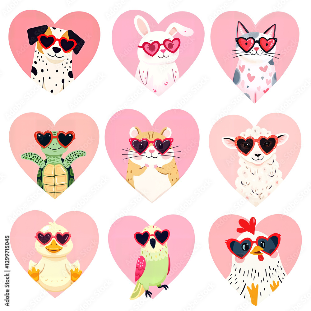 Fototapeta premium collage of a cat, dog, rabbit, parrot, sheep, cock, turtle, rooster, duck in hearts shaped glasses in the frame of heart shape - isolated on white - vector style i