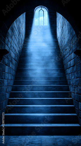 Blue Lit Stone Staircase in Dark Dungeon