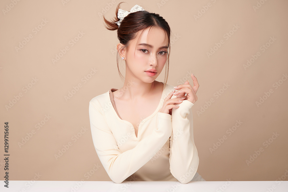Beautiful young asian woman with clean fresh skin on beige background, Face care, Facial treatment, Cosmetology, beauty and spa, Asian women portrait. Beautiful young asian woman with clean fresh skin on beige background, Face care, Facial treatment, Cosmetology, beauty and spa, Asian women portrait.