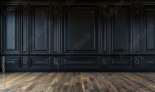 Traditional wood paneling in room with black walls and wooden floor.