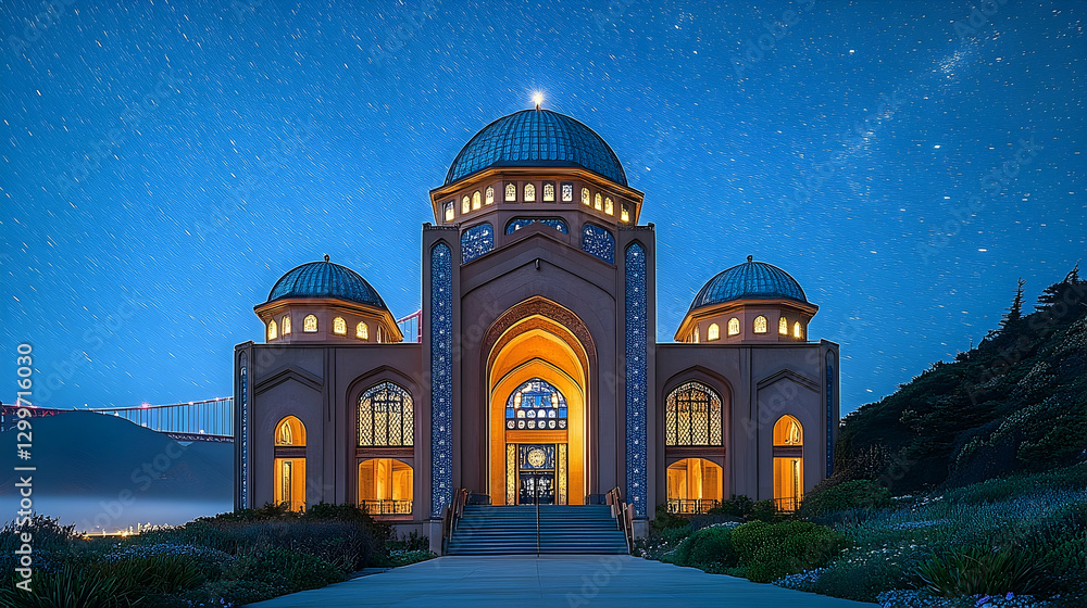 Fototapeta premium Majestic evening view of a grand architectural structure with domes under a starry sky, showcasing nature