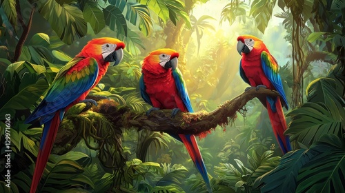 Wallpaper Mural Three scarlet macaws perched on a branch in a lush rainforest, sunlight filtering through the canopy. Torontodigital.ca