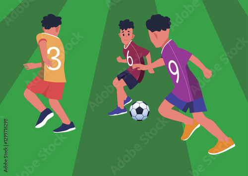 Energetic Kids Compete Passionately on the Green Soccer Field for the Love of the Game, Young Warriors: Kids Dashing and Chasing the Soccer Ball in an Intense Showdown