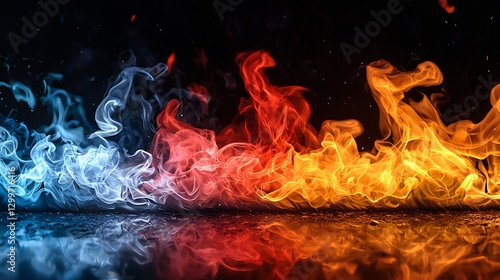 Fire flames of three colors burning against a black background on a reflective surface
