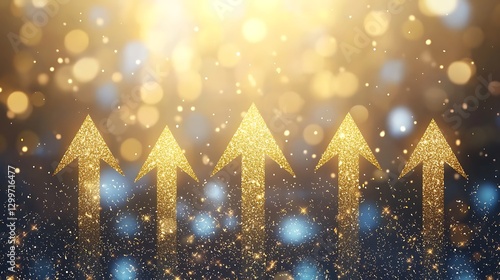 Five gold upward arrows point towards a bright bokeh background, for use in graphics