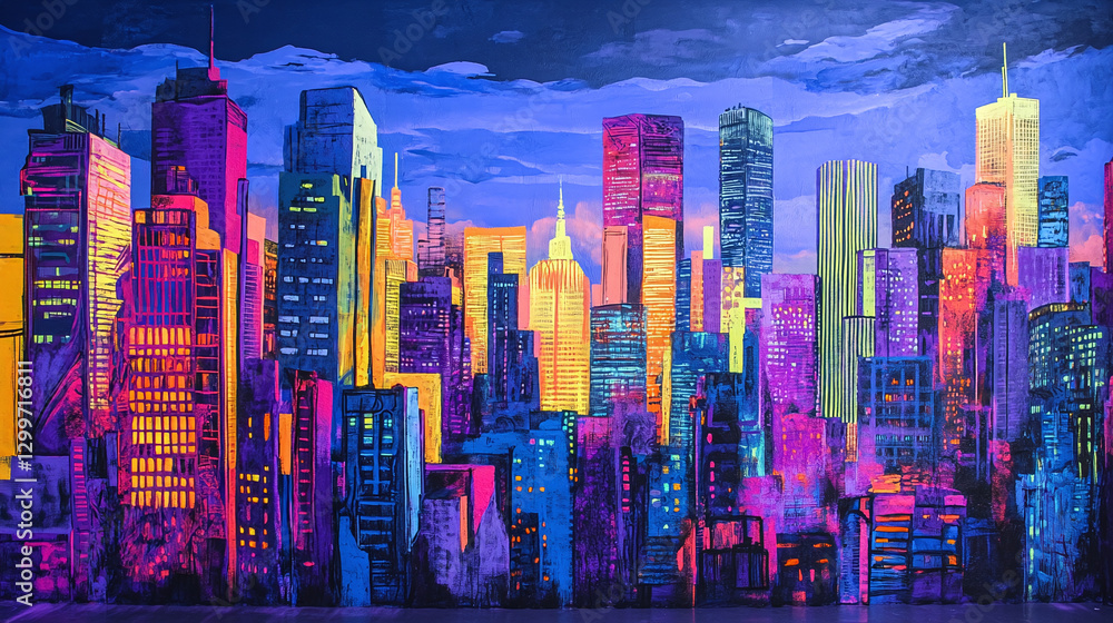 Obraz premium A bold, neon-colored cityscape mural in graffiti style, creating an energetic urban backdrop perfect for modern designs.