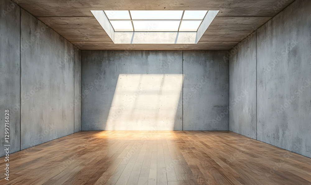 Obraz premium Serene room with concrete walls and wooden floor lit by skylight.