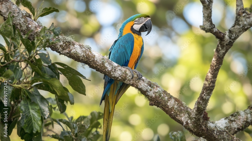 Obraz premium Vibrant blue and yellow macaw perched on tree branch in lush forest.