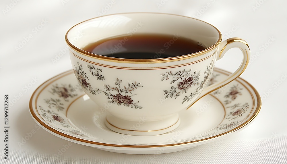A cup of tea on a saucer resting on a cloth A cup of tea on a saucer resting on a cloth