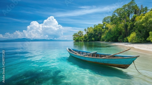 Serene Tropical Paradise: A Blue Boat on a Turquoise Bay
