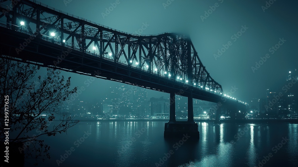 Fototapeta premium Night cityscape with bridge, fog, and city lights reflected in water.