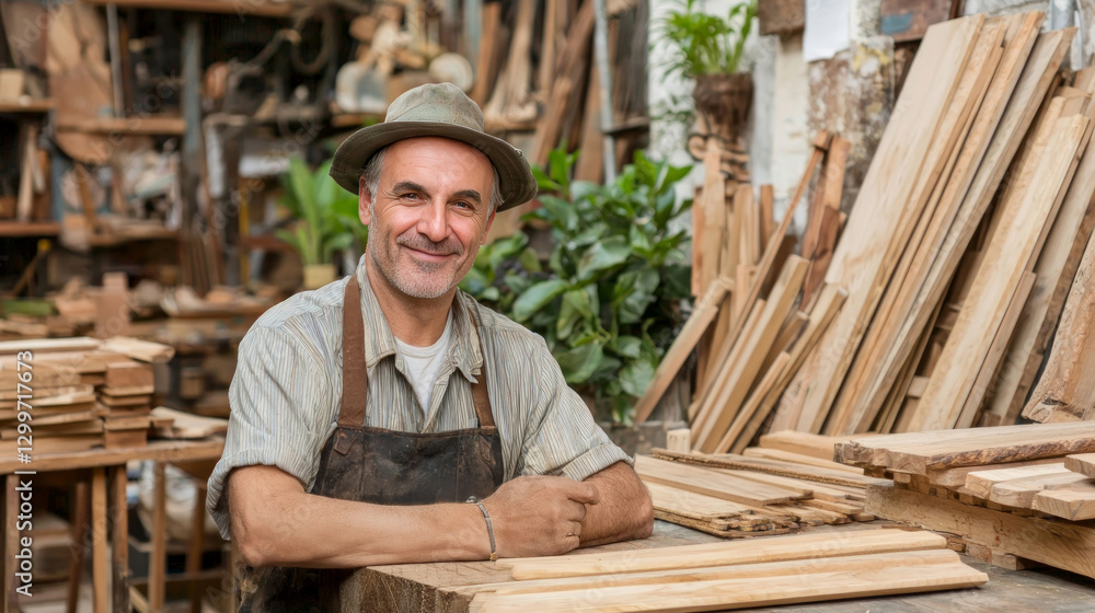 confident Small Business Owner in Wooden workshop with Authentic Tools and Planks
confident Small Business Owner in Wooden workshop with Authentic Tools and Planks