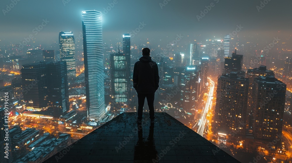 Silhouette of man on rooftop overlooking a hazy, nighttime cityscape. Silhouette of man on rooftop overlooking a hazy, nighttime cityscape.