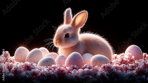 Rabbit sits with easter eggs and flowers, black background, for holiday use
