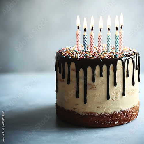 Cake with candles on table against grey wall