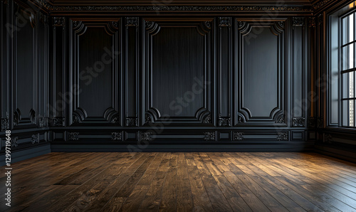 Fototapeta Naklejka Na Ścianę i Meble -  Black wood wall panels and wooden floor in empty classic room.