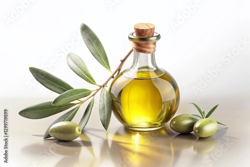 Surreal Olive Branch & Olive Oil Bottle: White Background Stock Photo