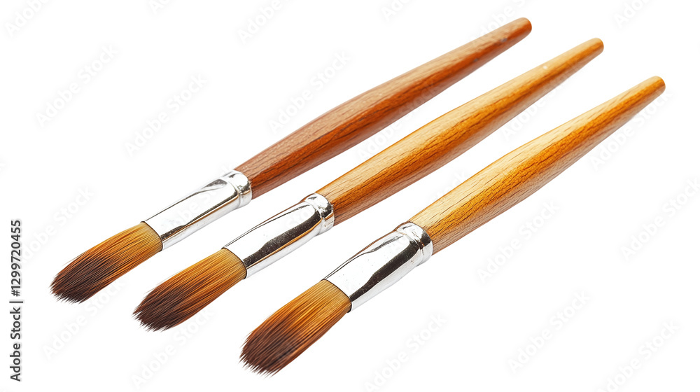 Set of three wooden paintbrushes, isolated on transparent background, perfect for artists and painters, ideal for creativity and drawing on canvas. Set of three wooden paintbrushes, isolated on transparent background, perfect for artists and painters, ideal for creativity and drawing on canvas.
