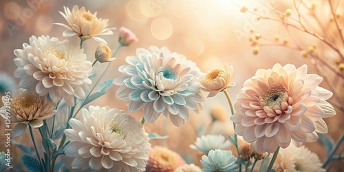 A delicate bouquet of pastel-hued chrysanthemums bathed in soft sunlight, creating a serene and tranquil floral scene.