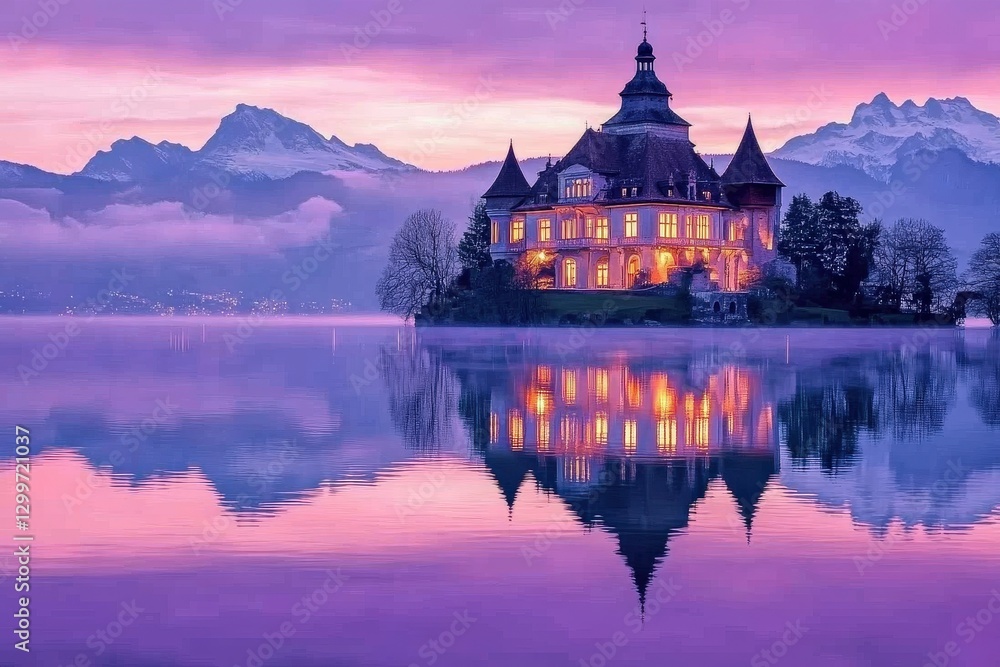 Fototapeta premium Picturesque European Castle Reflected in Still Waters at Dusk