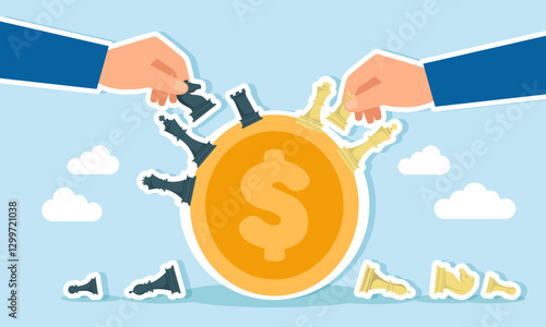 Two hands play chess against each other on a dollar coin, illustration of business competition and rivalry in increasing profit, revenue, and business valuation