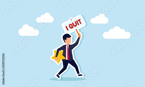 A businessman runs while carrying a star and a board that says I QUIT, illustration of escaping business competition to switch fields with strong personal quality