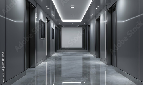 Modern gray hallway in 3D rendering  reflective spaceship vibe.