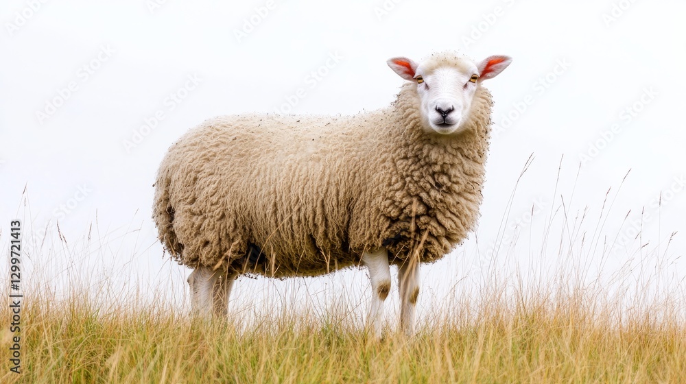 Meadow Sheep Isolated Scene with White with Meadow Meadow Sheep Isolated Scene with White with Meadow
