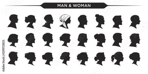 Collection of silhouette profiles of men and women