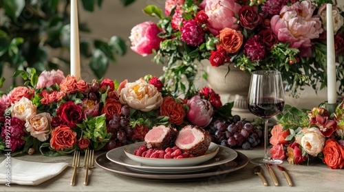 Elegant dinner table setting with roasted meat, raspberries, grapes, and vibrant floral arrangements.