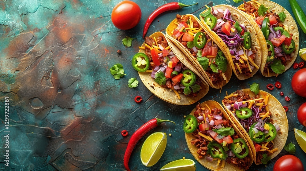 Overhead View of Several Delicious Tacos with Ground Beef Cheese and Vegetables on Dark Textured Background Overhead View of Several Delicious Tacos with Ground Beef Cheese and Vegetables on Dark Textured Background