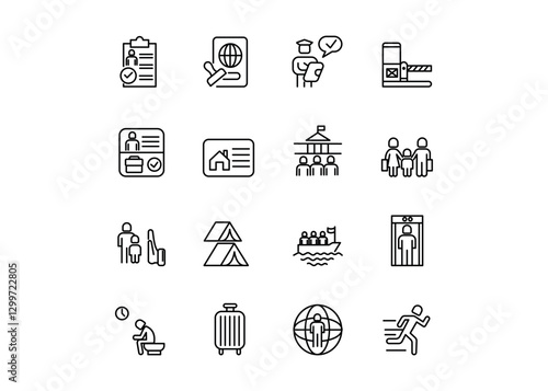 A set of icons for Immigration. The icons include Passport Control, Visa Application, Customs Check, Asylum Request, Deportation. Editable stroke. Vector illustration.