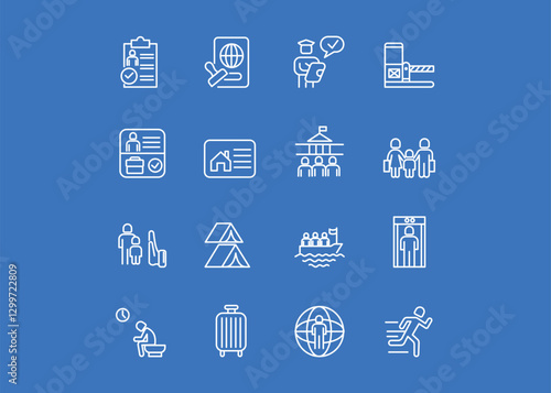 A set of icons for Immigration. The icons include Passport Control, Visa Application, Customs Check, Asylum Request, Deportation. Editable stroke. Vector illustration.