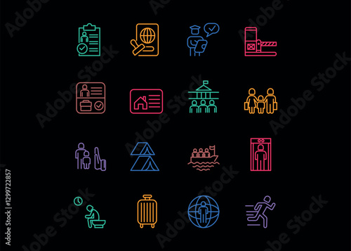A set of icons for Immigration. The icons include Passport Control, Visa Application, Customs Check, Asylum Request, Deportation. Editable stroke. Vector illustration	