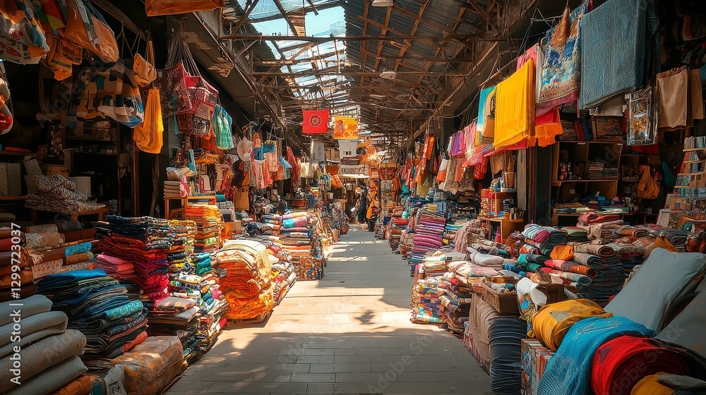 Naklejka premium Textile Market Adventure Ã¢â‚¬â€œ A designer explores exotic fabric markets in search of inspiration. , free space, realistic photography, natural lighting