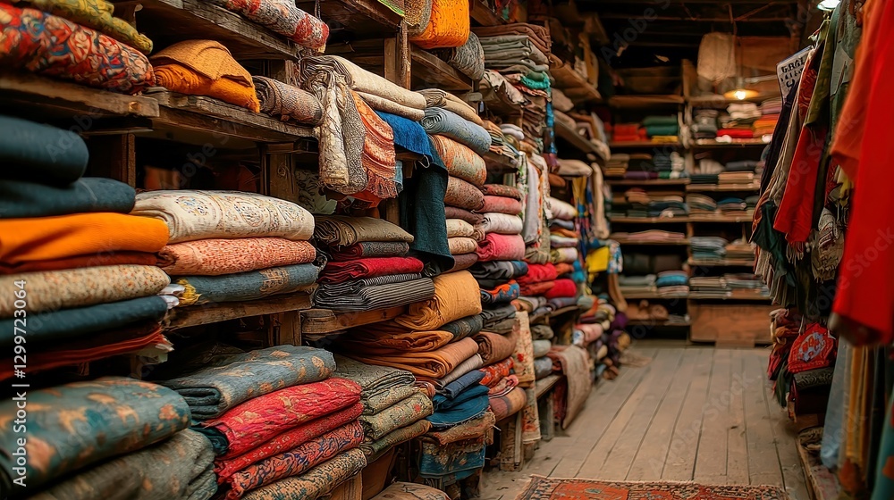 Fototapeta premium Textile Market Adventure Ã¢â‚¬â€œ A designer explores exotic fabric markets in search of inspiration. , free space, realistic photography, natural lighting