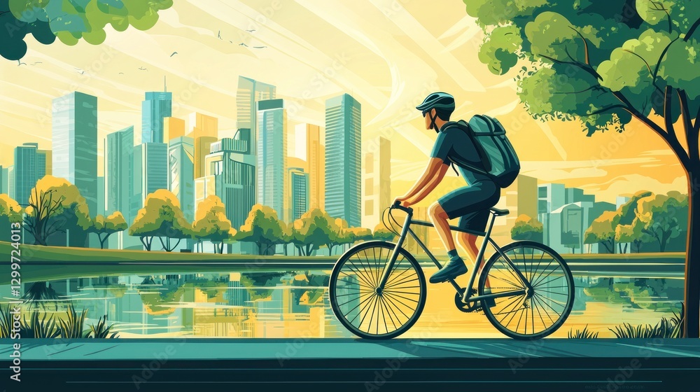 Fototapeta premium Man cycling by lake, cityscape backdrop.