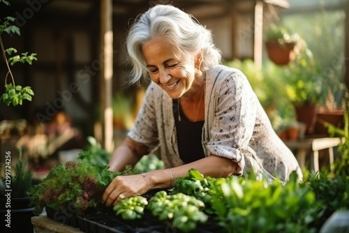 Wallpaper Mural An elderly woman grows plants and herbs. Healthy eating concept, small business, plant growing. Torontodigital.ca