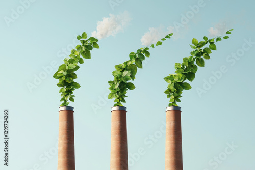 Eco friendly factory with chimneys emitting green leaves and smoke