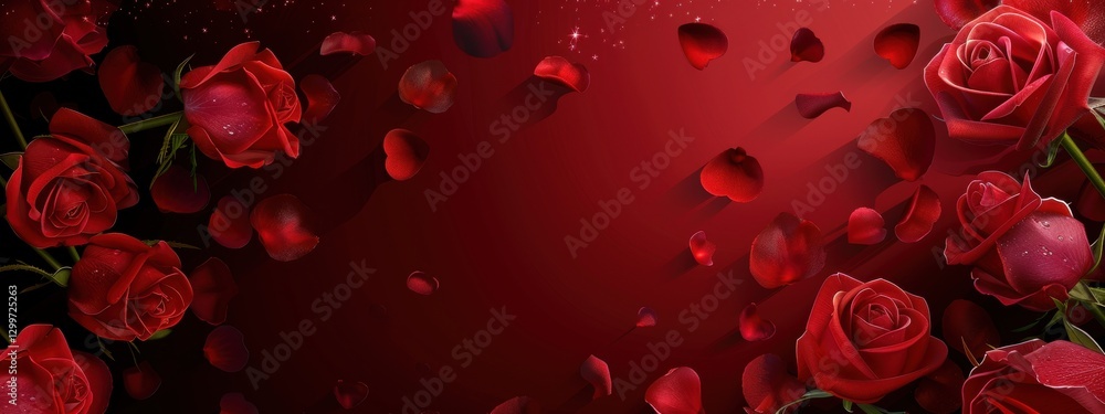 Red Roses and Falling Petals on Dark Red Background