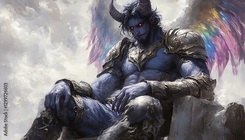 Horned Figure Seated Above Cloudy Landscape