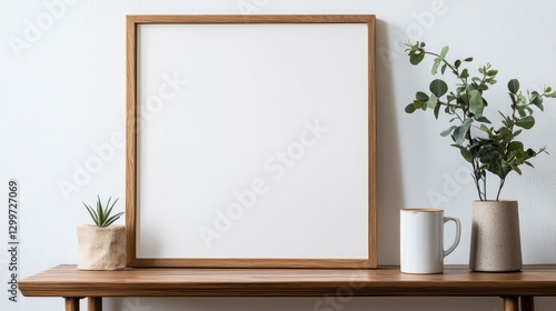 A blank wooden frame mockup on an oak console table, leaning against the wall in front of it, against a white background