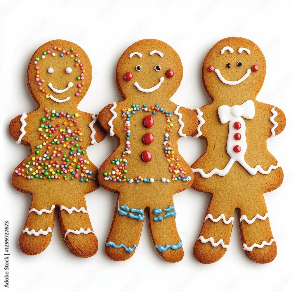 Three Smiling Gingerbread Women Cookies with Colorful Sprinkles on White Background Three Smiling Gingerbread Women Cookies with Colorful Sprinkles on White Background