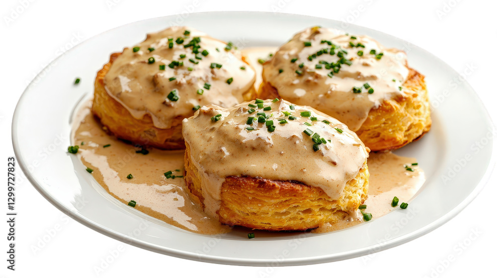 a plate of three flaky biscuits topped with creamy sausage gravy. garnished with chopped chives. creating an appetizing and hearty dish often enjoyed for breakfast or brunch the presentation emphasize a plate of three flaky biscuits topped with creamy sausage gravy. garnished with chopped chives. creating an appetizing and hearty dish often enjoyed for breakfast or brunch the presentation emphasize